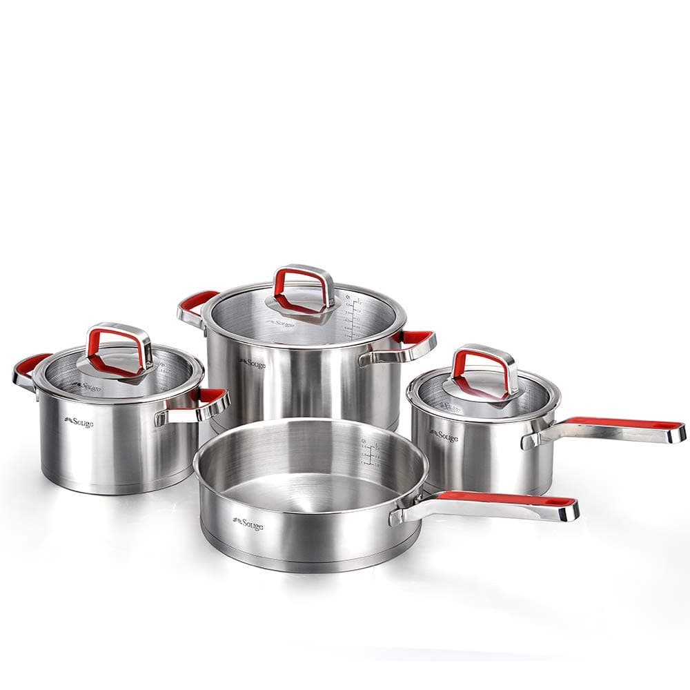 New 2018 German Technology Solige Stainless Steel Cookware 7-piece set with Heat Resistant handles with Red Anti-Slip Silicone