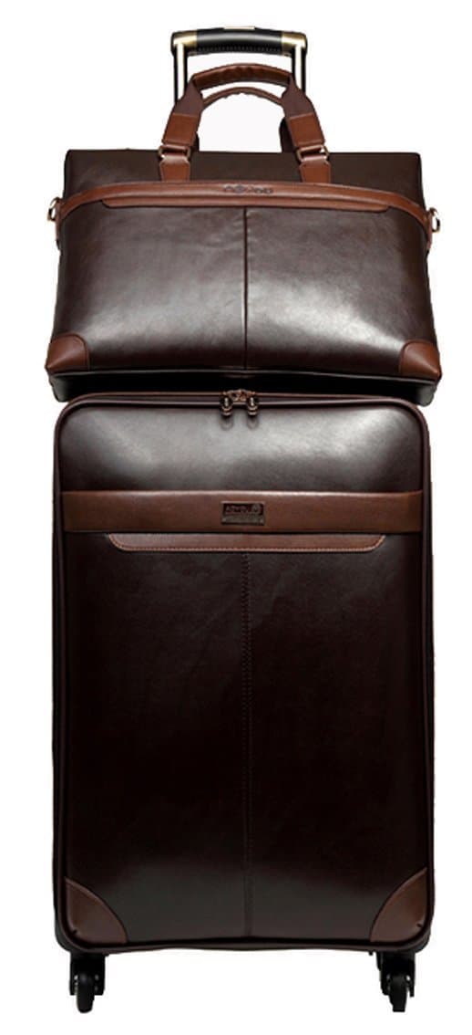 Leather Universal Wheels Travel Suitcase and Handbag Set - Coffee Vertical 22"