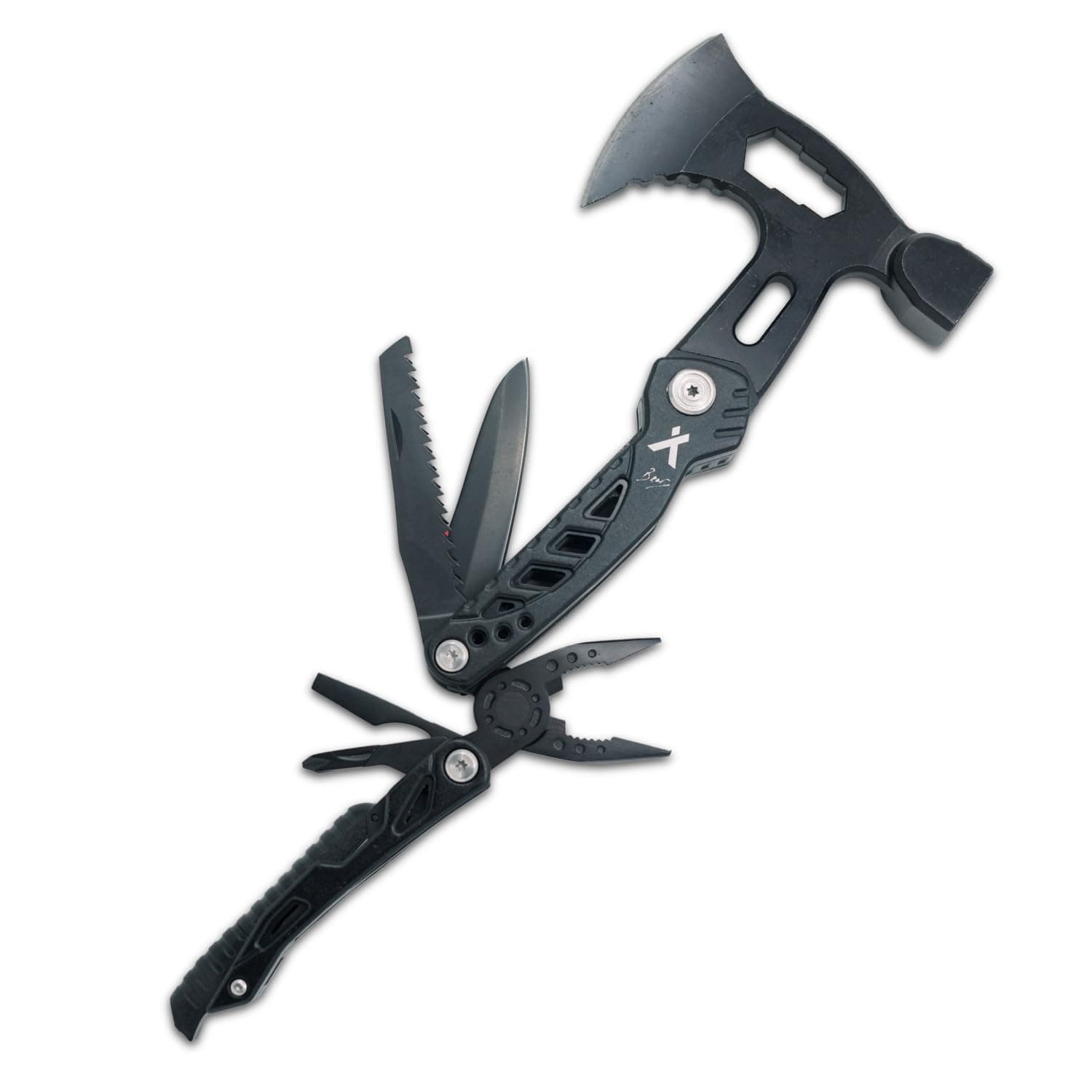 Axe Multitool Hammer - With Knife, Bottle Opener, Hatchet, Nylon Sheath, Saw, Screwdriver, Whistle - Tactical For Camping, Survival, Hiking, Portable and Lightweight - Black