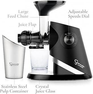 Sana 727 Supreme Cold Press Masticating Juicer | Large Batch | Non-Stop Juicing | 4 Speed Brushless DC Motor | 45-120 RPM’s | Easy clean 132 Page Recipe Book | 15 Year Warranty | Black