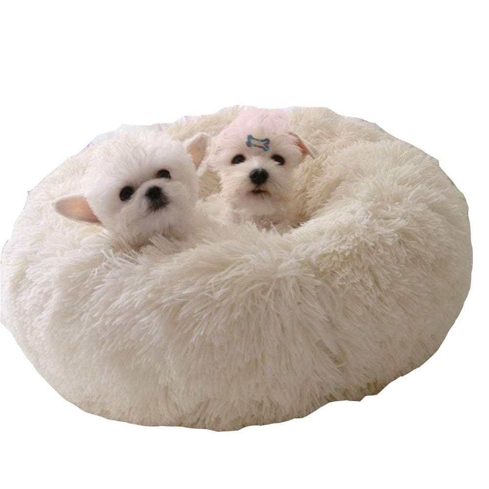 Lamzoom Dog Bed Warm Soft Plush Comfortable Pet Bed,Washable Waterproof Round Plush Donut Cats Nest Bed Soft Cushion (80cm in Diameter, White)