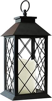 Bright Zeal 13.5" Black Vintage Candle Lantern with LED Pillar Candle and Timer - IP44 Waterproof Porch Light - Tabletop Lantern Decorative Outdoor