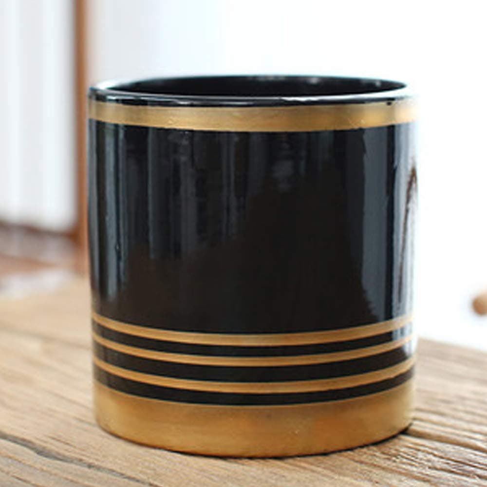 Better-Way Ceramic Round Cylinder Design Succulent Cactus Plant Pots Flower Planter Decorative Orchid Container Mid Century Modern Decor (Gold and Black 4.5 Inch)