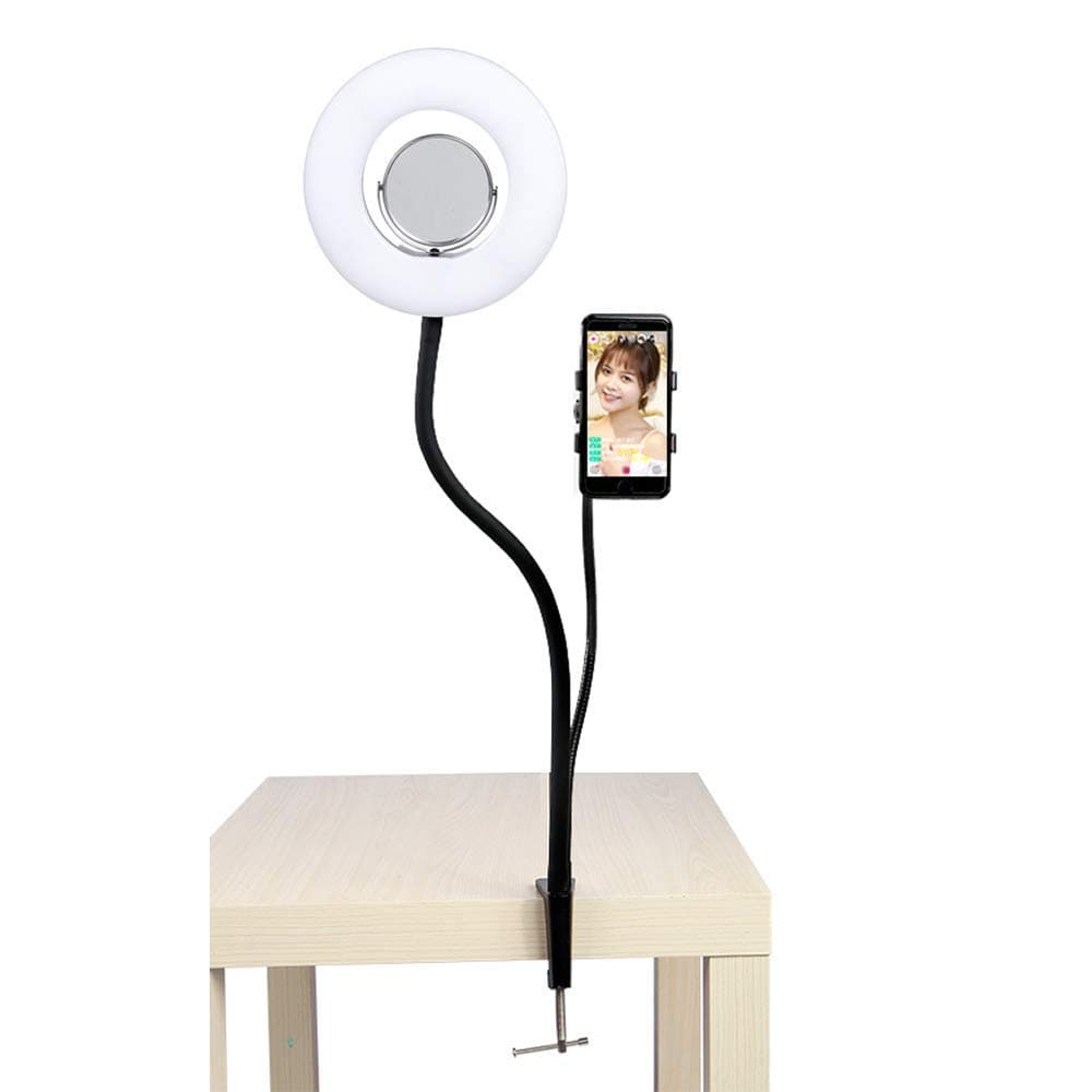 Desk LED Selfie Beauty Ring Light for Phone Live Streaming YouTube or Makeup with Flexible Gooseneck Cell Phone Clamp+3" Mirror Portable Photography 8-inch Dimmable 5500K O Circular Ring Lamp