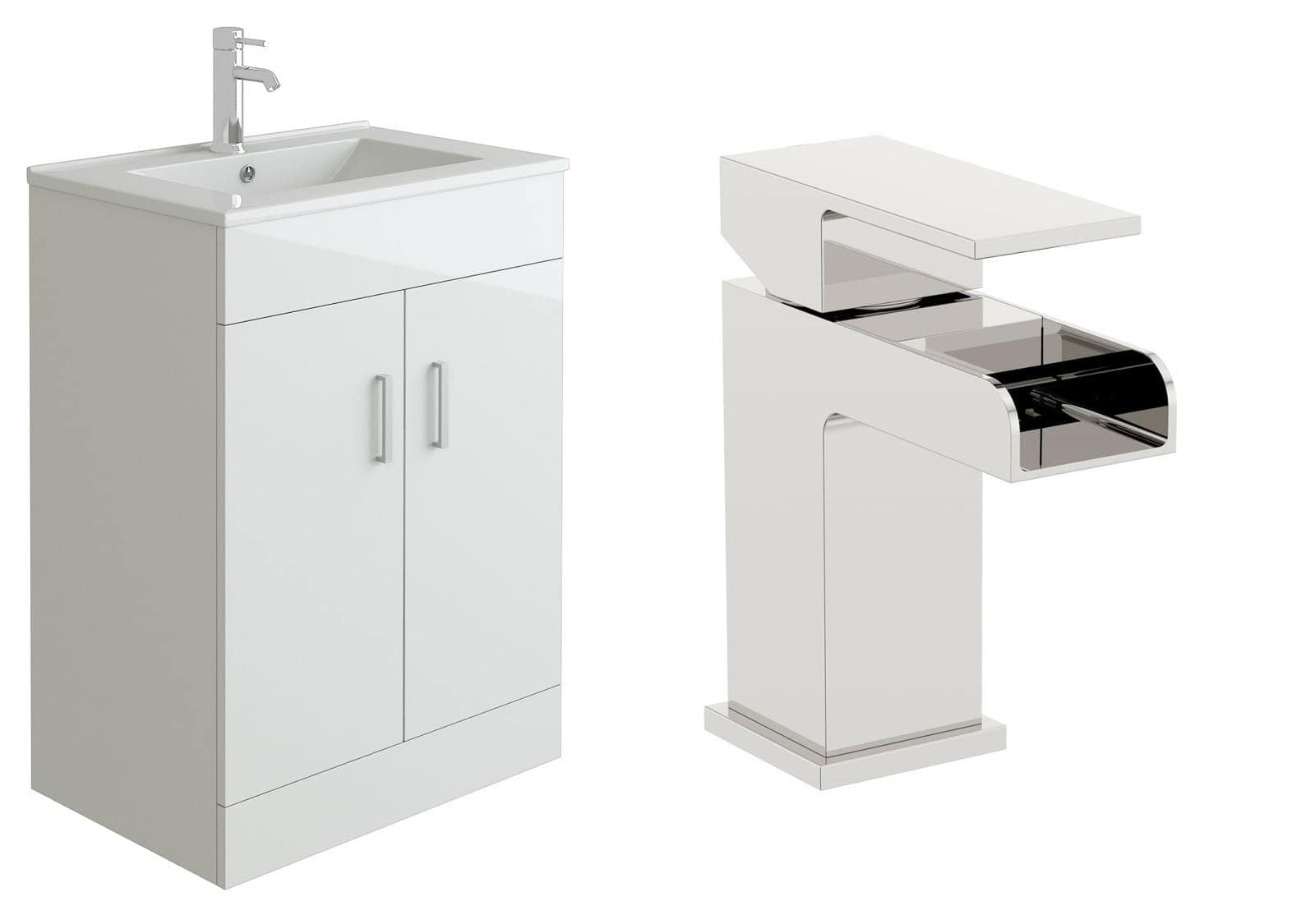 VeeBath Sphinx 600 Vanity Unit with Basin and Waterfall Mixer Tap, Floor Standing Cabinet Rectangular Ceramic Wash Basin for Bathroom Furniture with 2 Doors- Gloss White (Flat Pack)