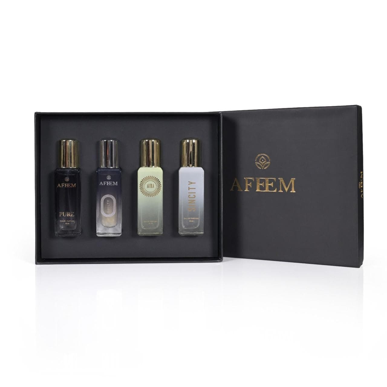 AFEEM Luxury Unisex Eau De Parfum Gift Set 4 x 20ml for Men & Women | Long Lasting EDP Fragrance Scent with 4 luxury fragrances Sincity, Aura, Guilty and Pure.