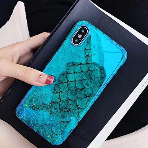 Green Mermaid iPhone X Case,iPhone Xs Case, Swishly Blue Ray Light Reflective Fish Scale Flexible Bumper Slim Soft TPU Case Cover for iPhone X/Xs