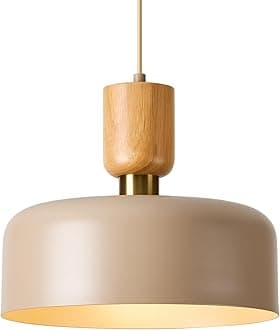 TeHenooContemporary Hanging Lights with Wood Lid, Brass Accent, 12 Inch Light Brown Metal Shade for Kitchen, Dining Room, Cafe