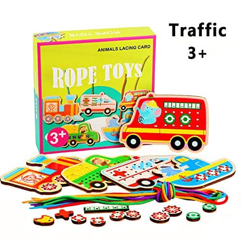 Wooden Toddler String Threading Lacing Fine Motor Skills Toys | Activity Learning Toys Lacing & Tracing Cards for Preschool Children | A Perfect Travel Game for Toddlers and Boy Girl Above