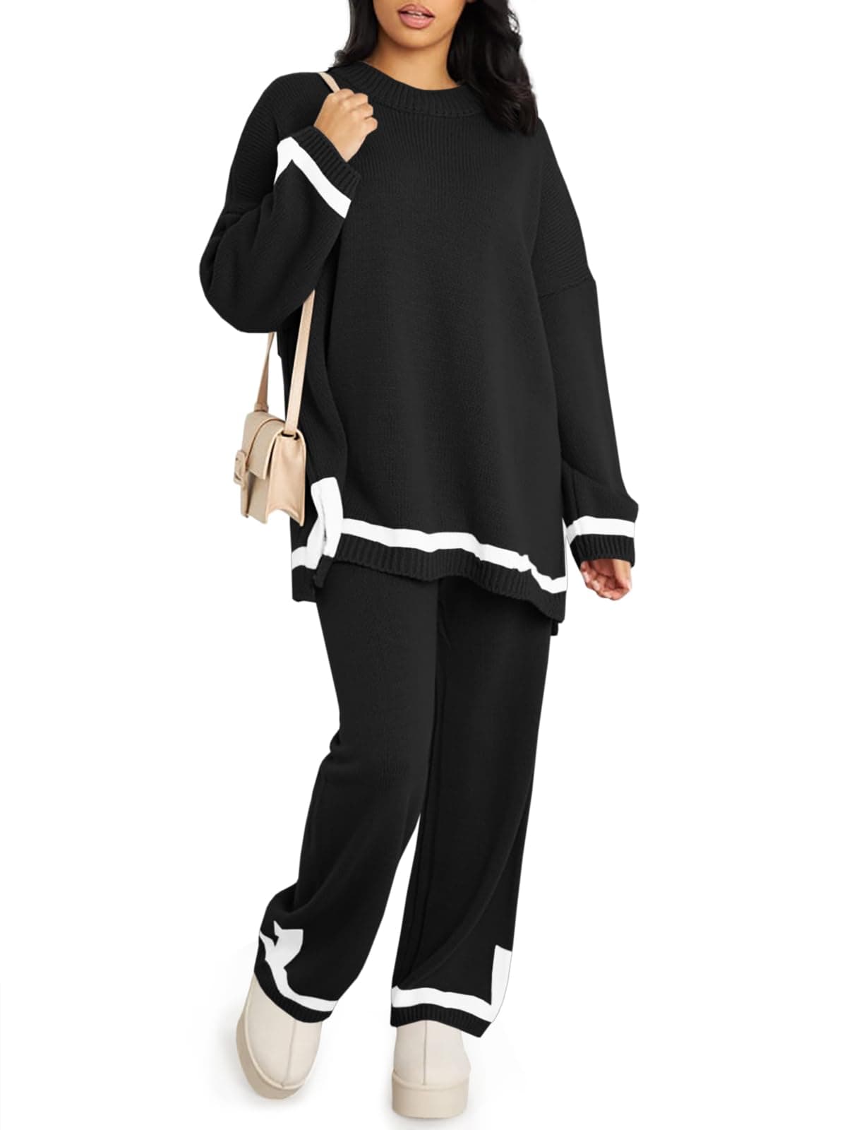 BZBWomen Knit 2 Piece Sweater Sets Outfits Long Sleeve Pullover Tops Elastic Wide Leg Lounge Pants