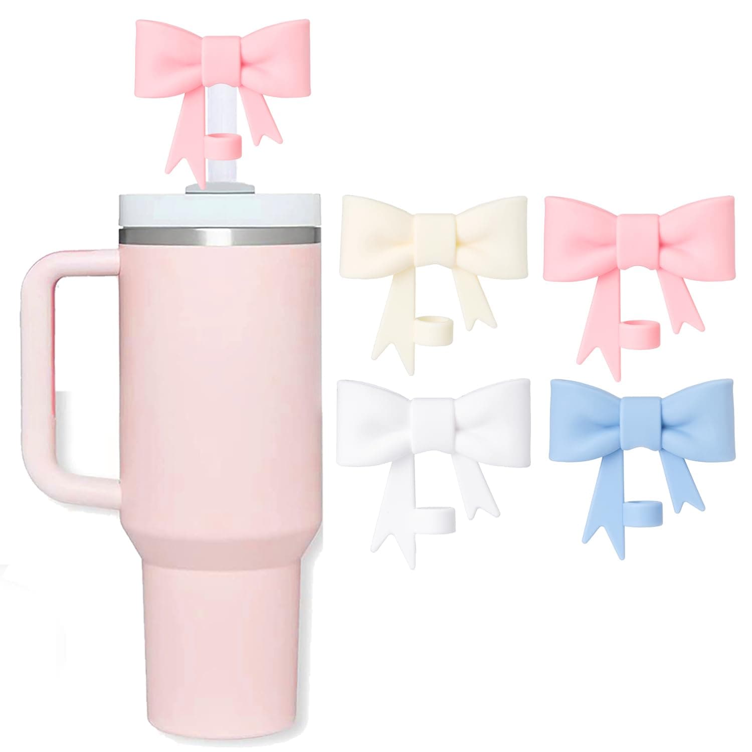 Oddyami 4Pcs Bow Straw Covers Cap Toppers Compatible with Stanley 30&40 oz Tumbler Cups, Cute Pink 10mm Reusable Silicone Straw Topper for Stanley Tumbler with Handle, Stanley Cup Straws Accessories