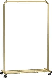 SONGMICS Clothes Rack, Clothes Rail on Wheels, Metal Clothing rail for Bedroom, 91 cm Long Hanging Rail, with Storage Shelf, 2 Lockable Wheels, Top Rail Holds up to 40 kg, Gold HSR025A01