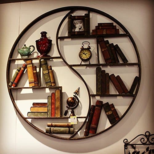 HHY-Wall hanging shelf / European / iron / creative / solid wood bookshelf / wall decoration / round display rack,80*15*80,Bronze