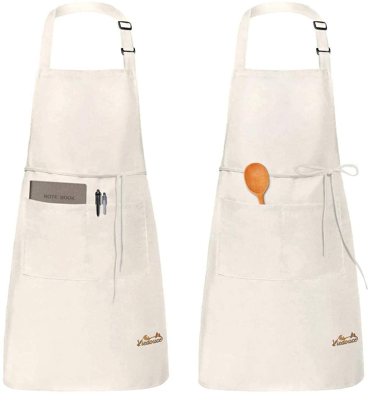 Viedouce Women Aprons with Pockets White Chefs Aprons Server Apron, 2 Pack, Beige