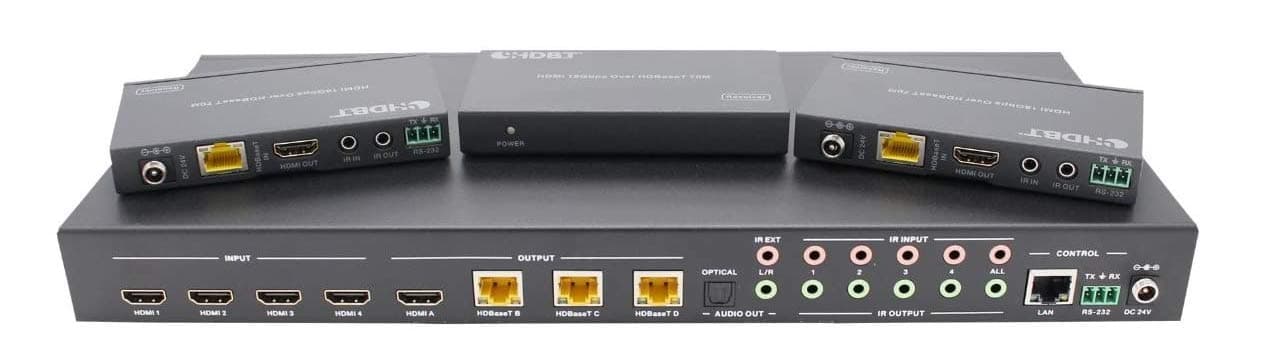 4x4 HDR 18GBPS 4K HDMI Matrix SWITCHER 3 PoC Receivers HDMI 2.0a 2.0 CAT6 CAT5e HDMI HDCP2.2 Routing SPDIF Audio CONTROL4 Savant Home Automation
