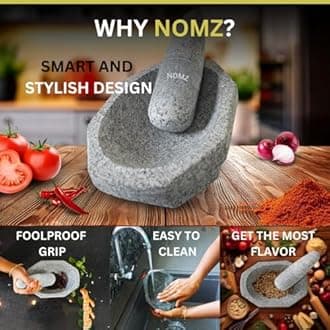 - NOMZ Mortar Pestle for Kitchen with Anti-Slip Pad & Silicone Spatula - 4.8 kg Heavy, 10 inch Block Shape, 2 Cup Capacity - Kalvam/Khalbatta/Silbatta for Chutney