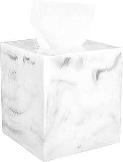 Luxspire Resin Paper Tissue Box Cover Holder, Square Facial Tissue Case, Pumping Paper Roll Toilet Paper Holder Napkin Dispenser for Office Bedroom Car Bathroom Vanity Accessories Decor, Marble White
