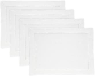 Linen Cloth Placemats Set of 4-100% Pure Linen Medium Weight Hemstitch White Placemats 14 x 19 Inch - Handcrafted and Machine Washable Table Place Mats for Valentines, Spring, Easter