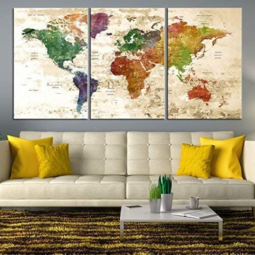 World Map Canvas Wall Art, Large Map of World Canvas Art Print for Home Decor Framed Push Pin World Map Travel Map Living Room Dining Room Home Office Decor Artwork Painting on Canvas (Wall Art - 3)