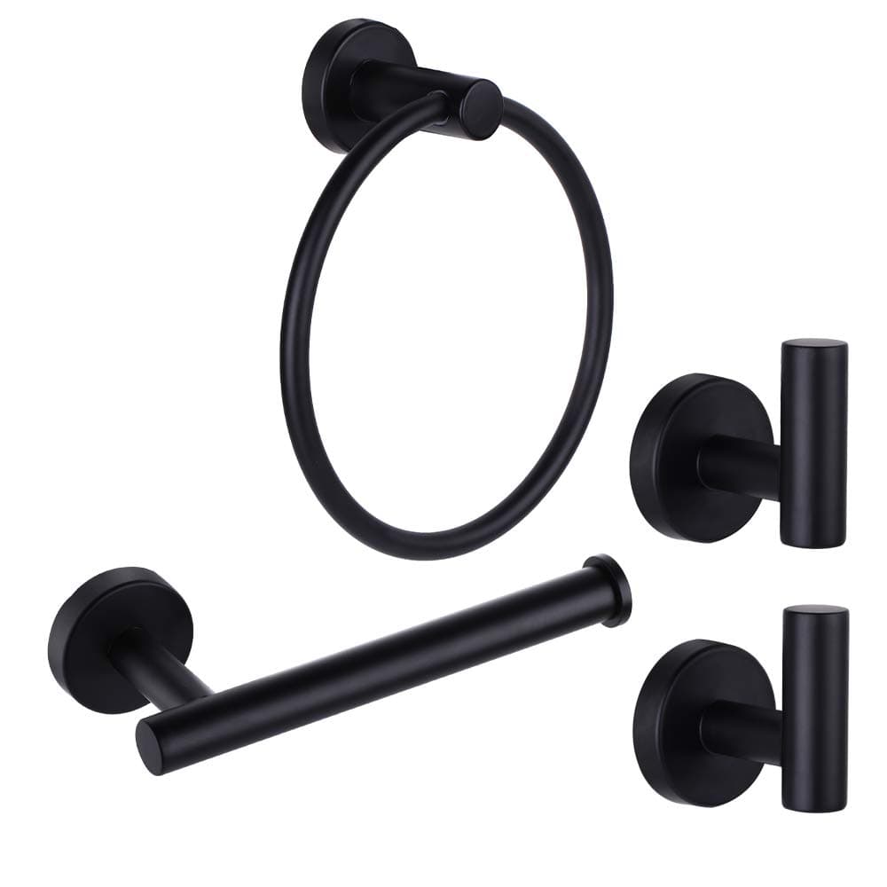 4 Piece Matte Black Stainless Steel Bathroom Hardware Set Include Hand Towel Ring Toilet Paper Holderand 2 Robe Towel HooksBathroom Accessories Kit