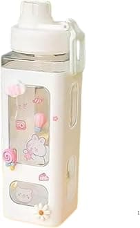 Kid's Cartoon Water Bottle with Adjustable Strap – Cute Double Drinking Straw Cup | Leak-Proof, Portable Tumbler – 500ml – Perfect for School | Outdoor Fun (White)