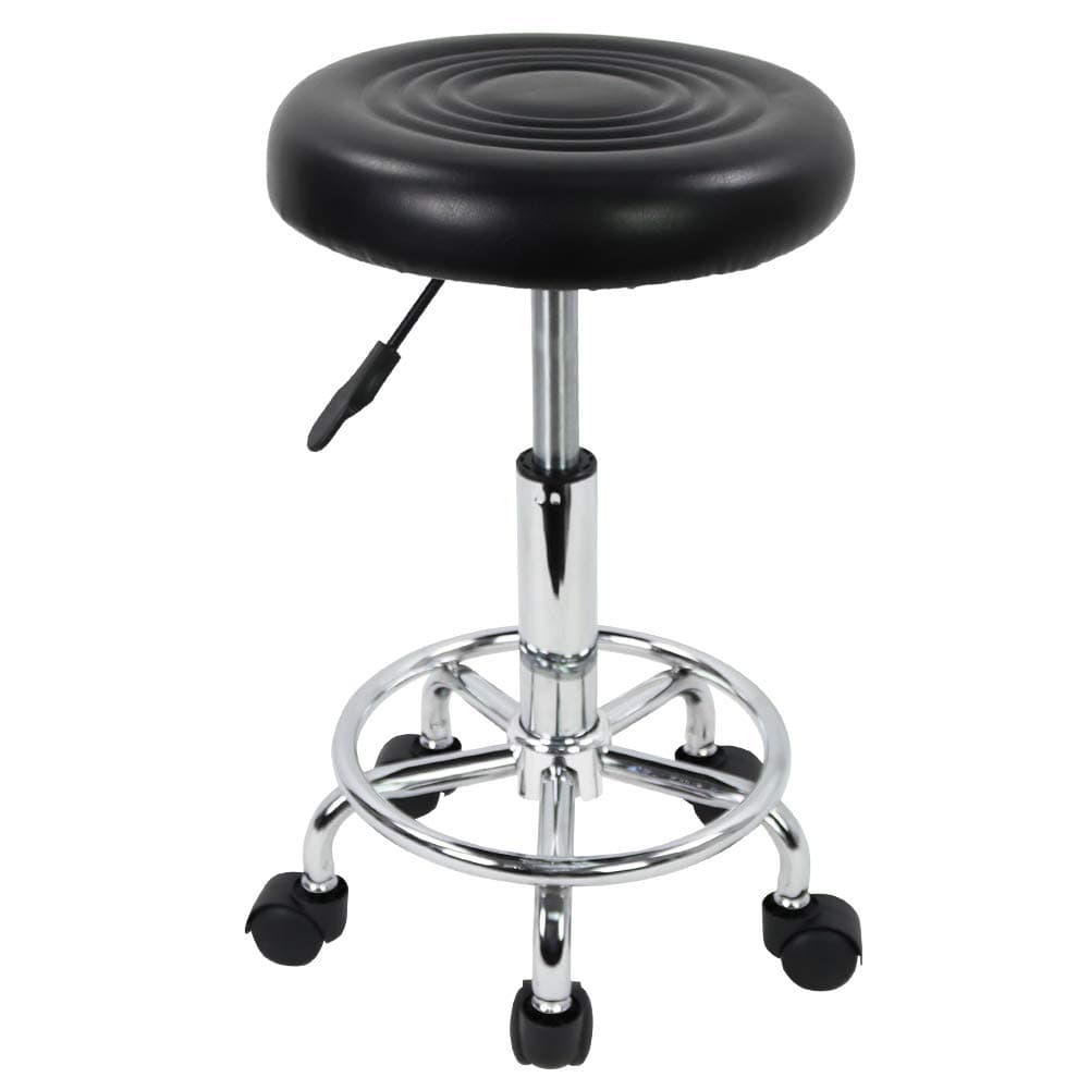 PU Leather Round Rolling Stool with Foot Rest Swivel Height Adjustment Spa Drafting Salon Tattoo Work Office Massage Stools Task Chair (Black)