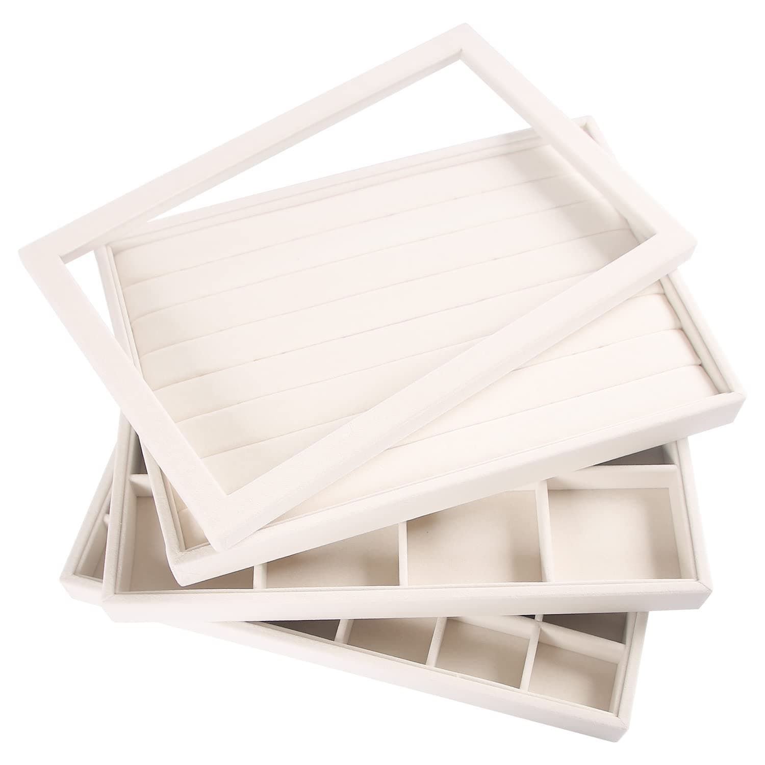 Coward Stackable Jewelry Trays Organizer Set with Clear Lid, Trays for Drawer, Earring Necklace Bracelet Ring Display Organizer(beige(ring+12girds+30girds+The glass lid))