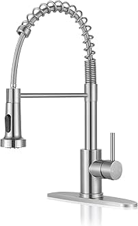 Kitchen Faucets with Pull Down Sprayer Brushed Nickel High Arc Single Handle 1 or 3 Holes Spring Kitchen Sink Faucet with Deck Plate for Farmhouse RV Vessel Basin