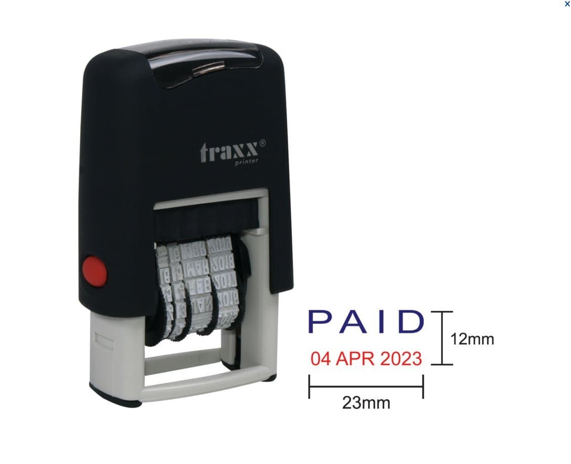 Paid Mini Date 7850-T2 self-inking rubber stamp blue red ink