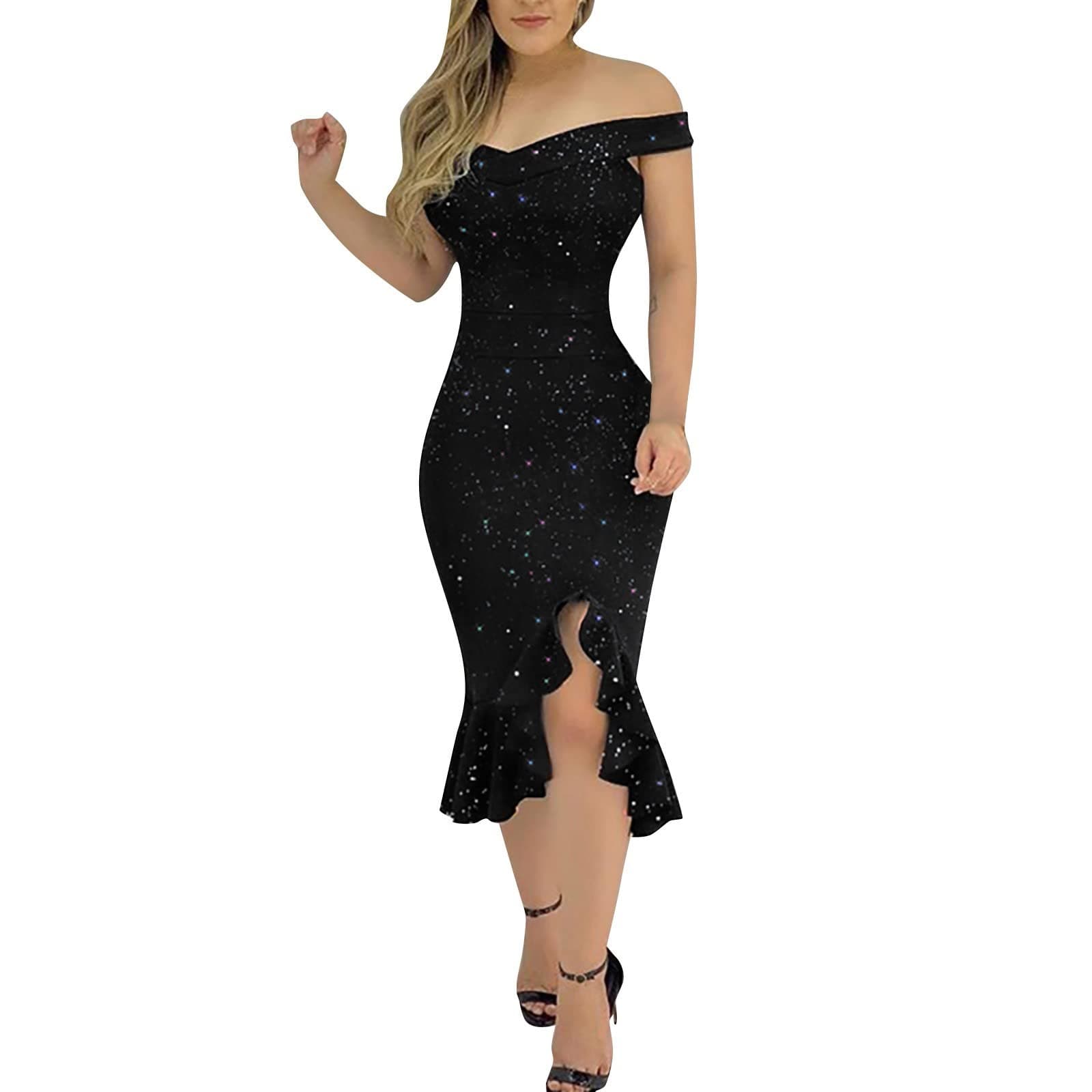 GenericCocktail Dresses 2023 Elegant Off Shoulder Short Sleeve Wedding Sequin Wrap Bodycon Ruffle Sexy Sun Summe Dresses