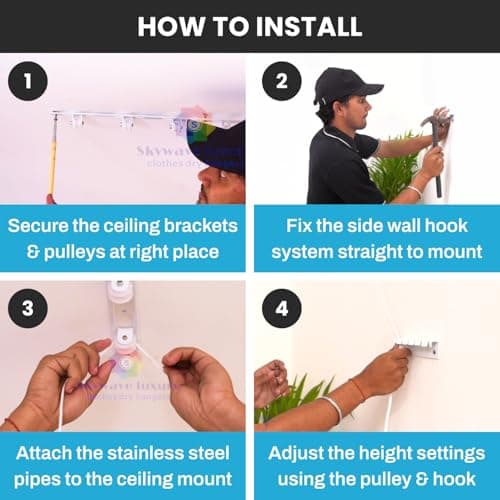 Skywave Luxury Premium Rust Proof Stainless Steel Ceiling Clothes Dryer Hanger with UV Protected Nylon Ropes Individual dropdown, Clothes Drying Rack for Balcony Top (6 Pipes x 5 FEET)