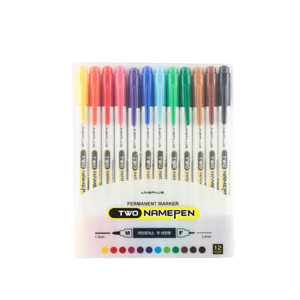 LINEPLUS Two Namepen 12 Colors Permanent Marker Set 0.4mm / 1.0mm / 2.0mm / Needle Tip / Bullet Tip / Brilliant Colors