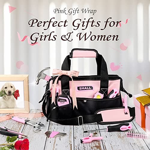 SHALL Pink Tool Set, 246-Piece Home Tool Kit for Women, Ladies Basic Tool kit for House with 14”Wide Mouth Open Tool Bag, General Household Hand Tool Set for Home Repair, Maintenance and Improvement