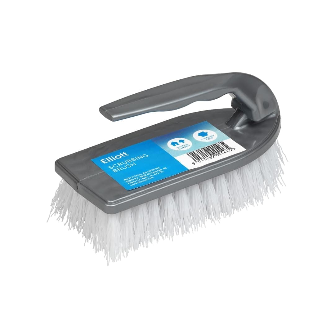 Iron Shaped Scrubbing Brush with Curved Grip Handle, Durable hard synthetic plastic fibres, Ergonomic shape ideal for deep cleaning, BPA free in a Silver colour