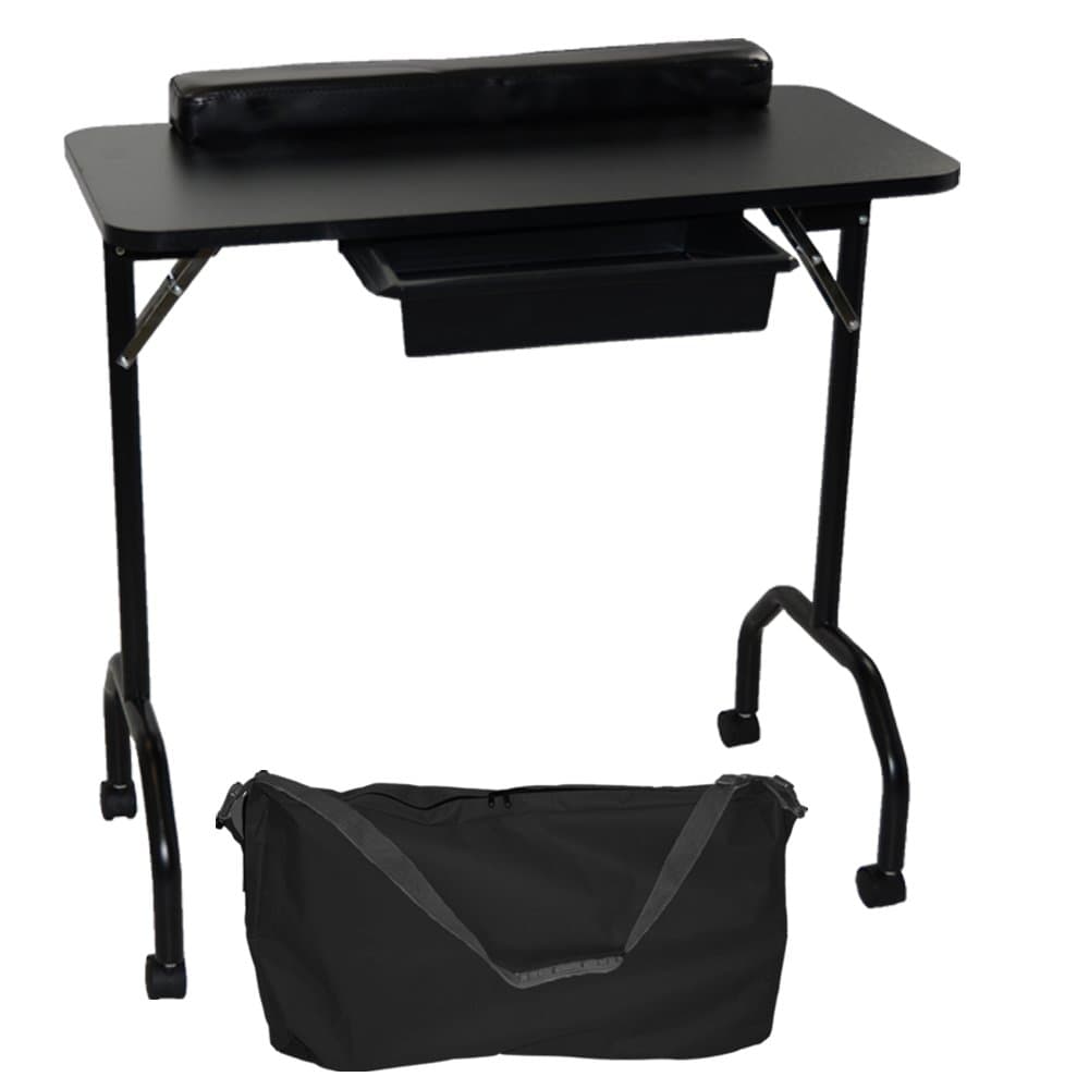 Black Portable Folding 1-Drawer Manicure Table with Wrist Pad and Free Carrying Case
