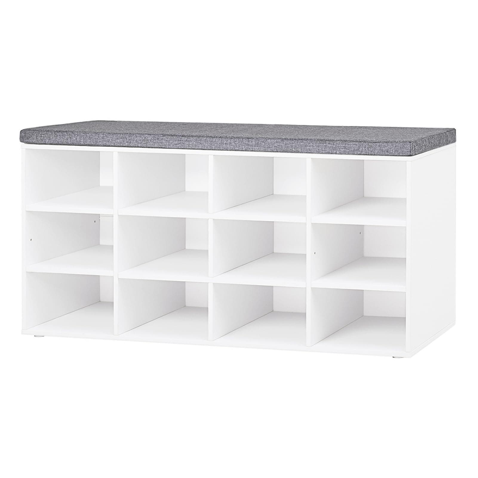 DINZI LVJ Multifunctional Shoe Storage Bench with Cushion, 12 Cubbies, Adjustable Shelves, White Wooden Bench