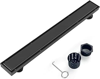 Offset Linear Shower Drain, Black Shower Drain 32 inch with 2-in-1 Tile Insert Cover, Brushed 304 Stainless Steel Side Outlet Black Shower Floor Drain with Hair Catcher and Adjustable Feet