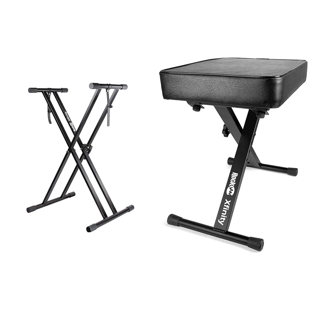 RockJam Xfinity Heavy-Duty, Double-X, Adjustable Piano Keyboard Stand with KB100 Padded Keyboard Bench