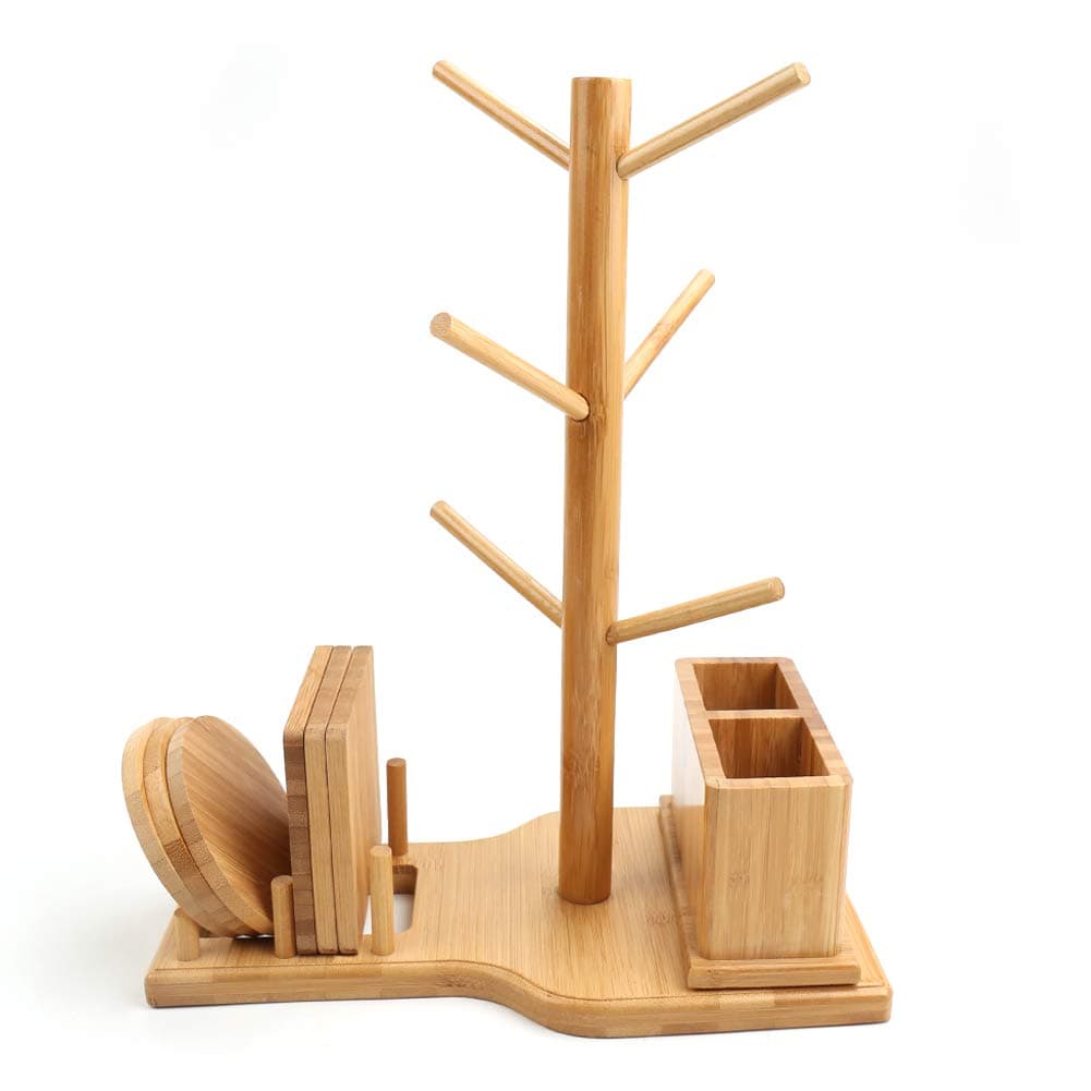 FREEHAWK Bamboo Mug Holder Mug Rack Tree Removable Bamboo Mug Stand with 6 Storage Hooks, 1 Bamboo Utensil Holder, 3 Round Bamboo Coaster and 3 Square Bamboo Coaster