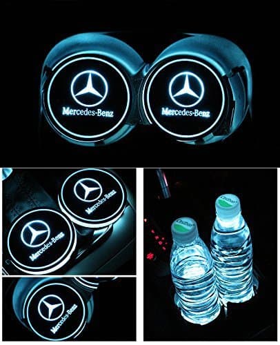 IHEX Auto 2pcs Car LED Logo Cup Pad for Mercedes Benz All Series, LED Light Trim with USB Car Interior Decoration Atmosphere Lamp Light, 7 Color Luminescent LED Holder Mat Coaster