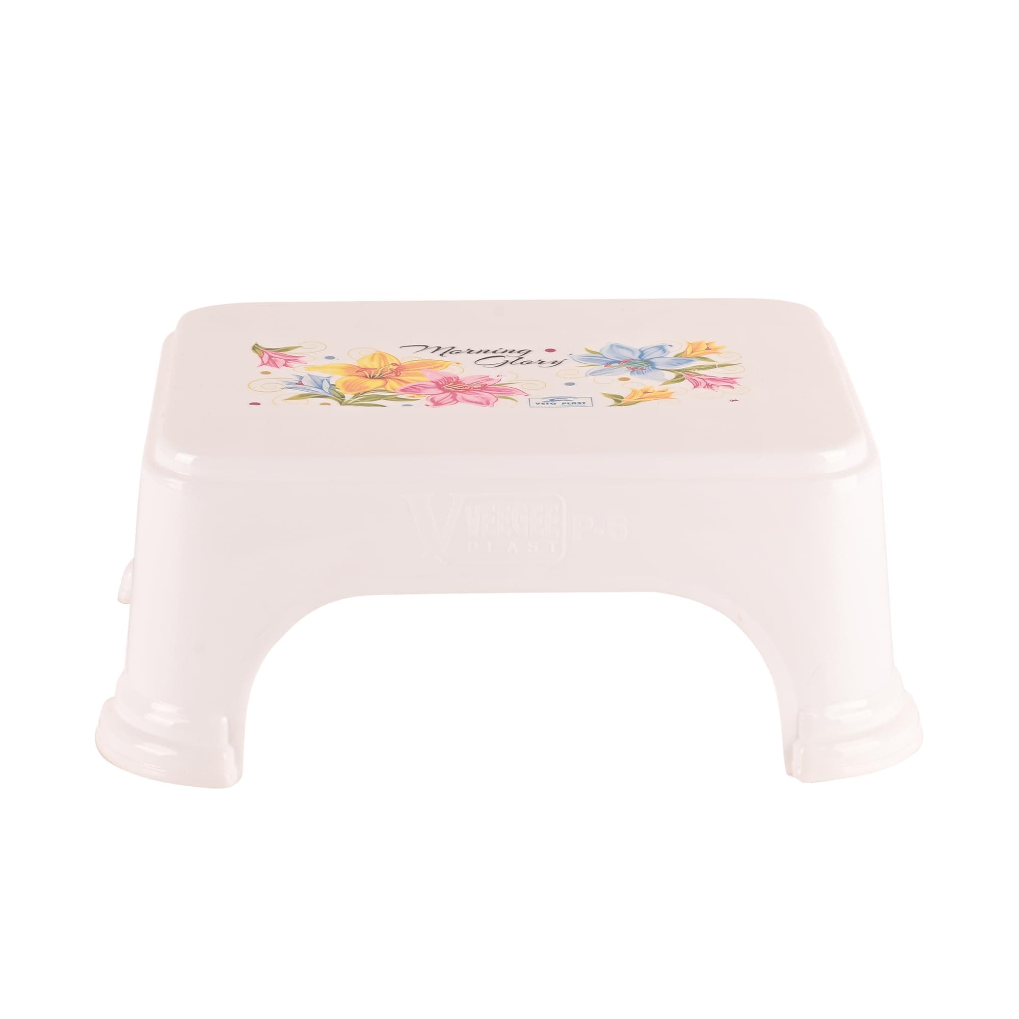 Bath Stool for Bathroom | Plastic Stools for Sitting | Bathroom Stool for Bathing | Flower Print Square Stool | White