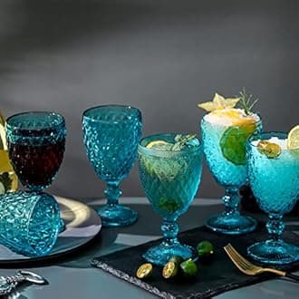 1500 C Tabletop Blue Colored Goblet Glasses 10 oz. set of 6 Water Goblets Vintage Glassware Embossed with Diamond Pattern for Iced Tea Beverage for Party and Wedding
