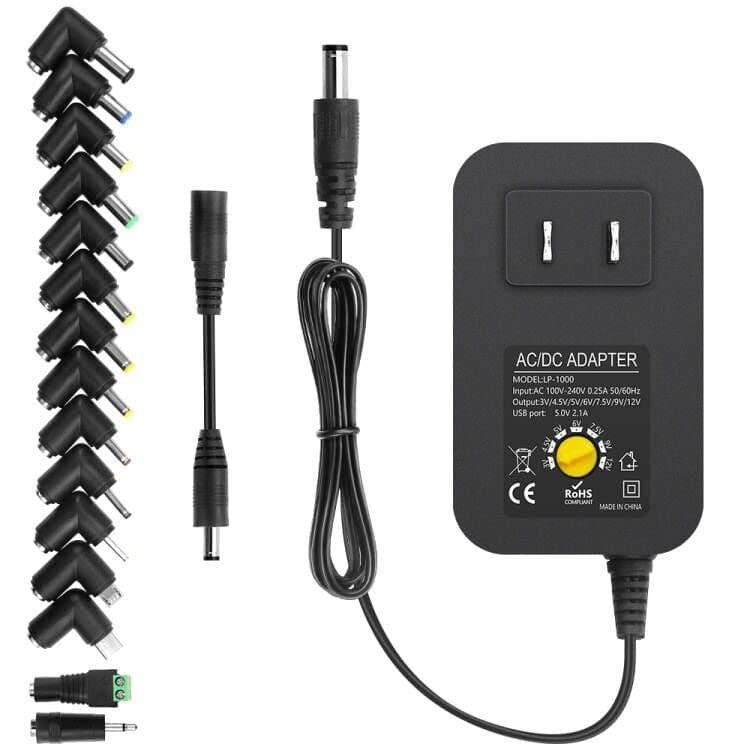 30W Universal AC to DC Power Adapter Adjustable Power Supply 3V 4.5V 6V 9V 12V 2A 1A DC Adapter AC 100-240V to DC 3-12V Multi Voltage Switching Power Adapter with 15 Tips + Polarity Converter