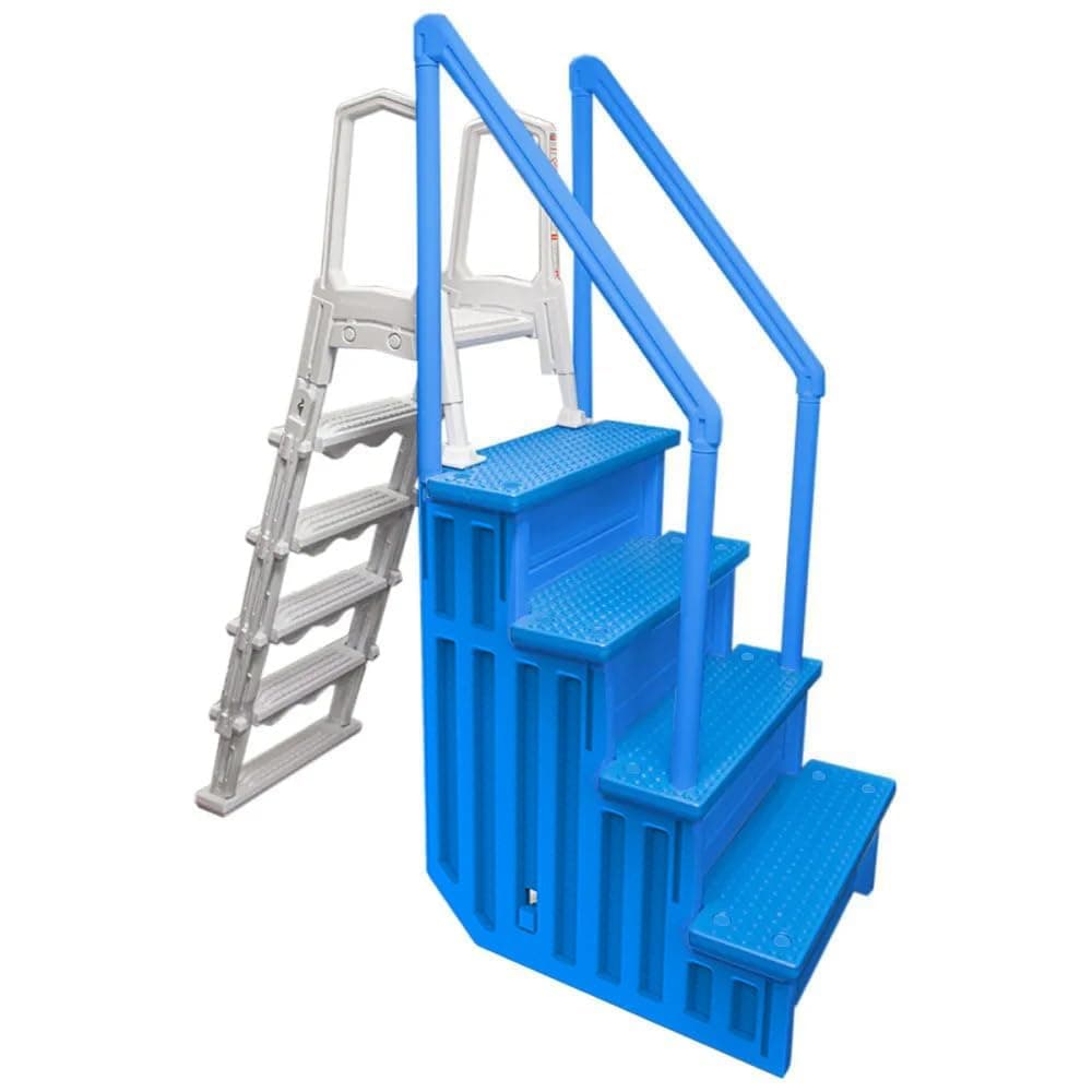 Aqua Select Anti-Slip in-Pool Steps with Outside Flip-Up Ladder | Blue | for Above Ground Swimming Pools | Can Mount to Decks 48" to 54" H | Safety Stairs Capacity Up to 350 lbs