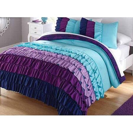 3pc Girl Teal Purple Ruffle Full Queen Comforter Set