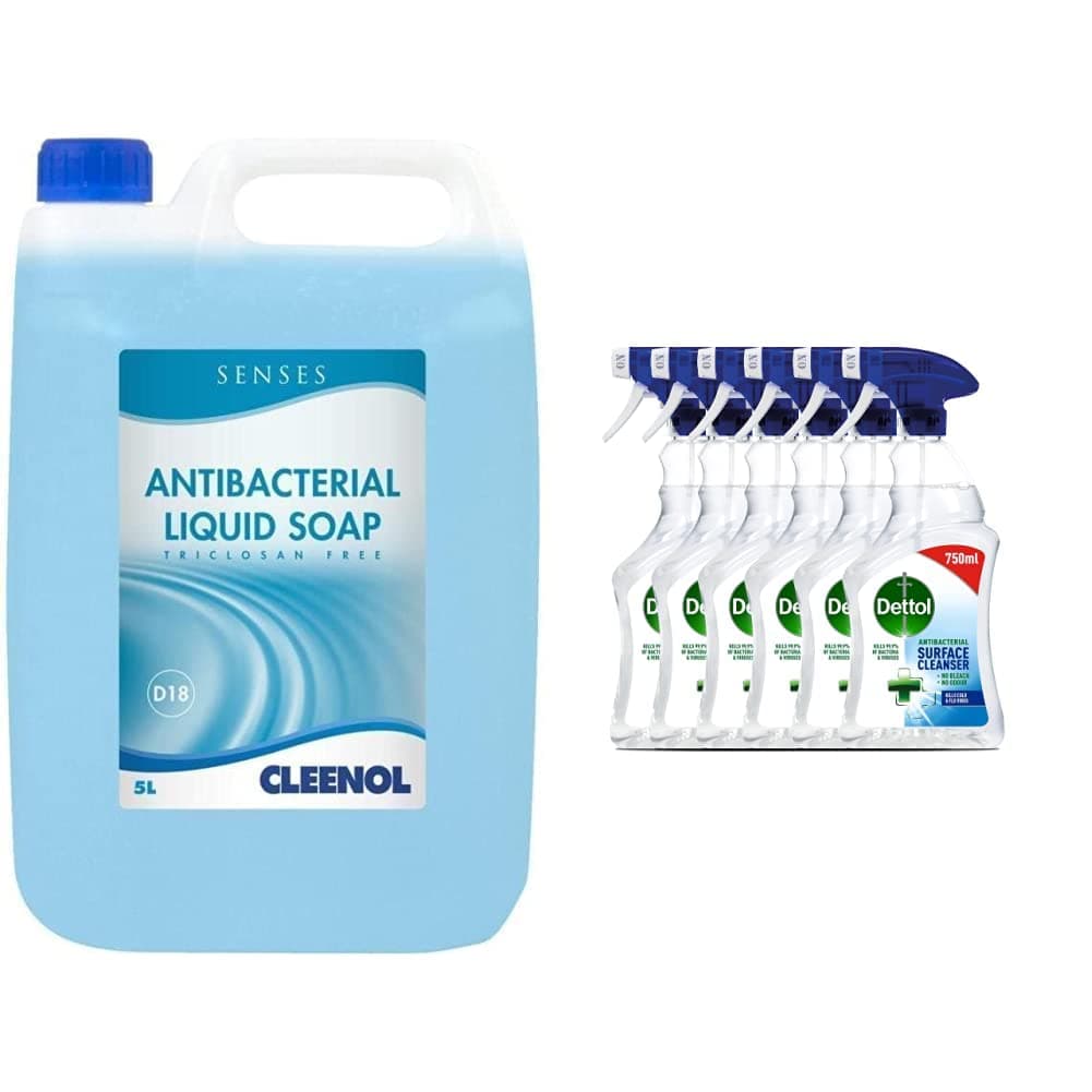 Cleenol Senses Antibacterial Liquid Soap, Blue, 5 Litres, Packaging May Vary & Dettol Antibacterial Trigger 750ml x6