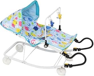 Multipurpose Bouncer - 3-in-1 Baby Bouncer, Rocker & Indoor Cart | Superior Locking, Extra Comfort, Sunshade, Attractive Play Toy | Suitable from Birth up to 18 Months-RB32 (Light Blue)