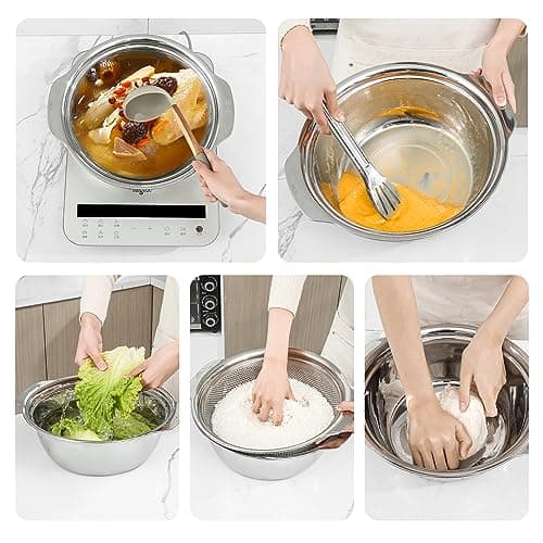 304 Stainless Steel Microporous Colander with Handle, Rice Washers Microporous Strainer Set For washing vegetables, fruits and rice, and draining cooked pasta(2QT with handle-Gold)