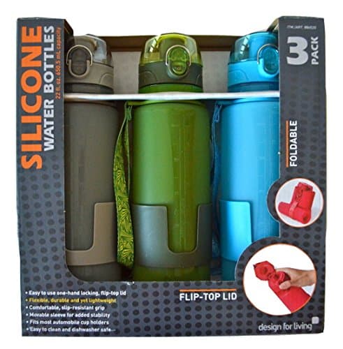 Design for Living Silicone Foldable Water Bottle with Flip-top Lid and Strap - 22 Ounce - Gray, Green & Blue 3-pack