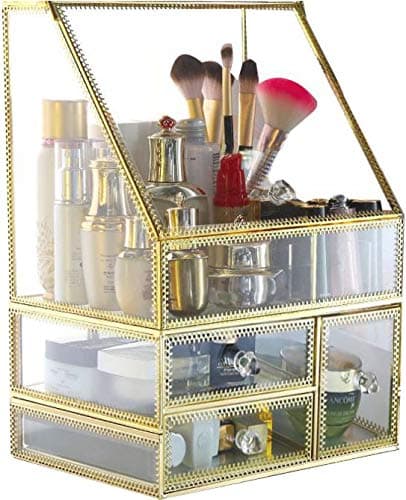 Gold Makeup Organizer,Cosmetic Storage Display Case with 5 Drawers Large Capacity,Fits Jewelry,Makeup Brushes,Lipsticks and More,Clear Transparent by KQGO